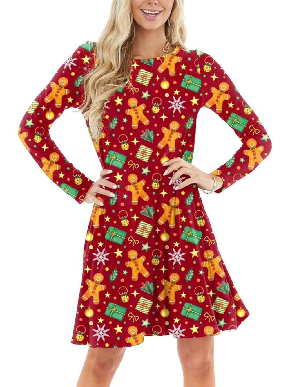 Women's Gingerbread Red Long Sleeve Round Neck Xmas Holiday A Line Dresses